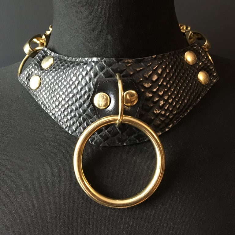 black and gold vegan leather vegan snake goth necklace collar choker chains gothic faux leather pvc 