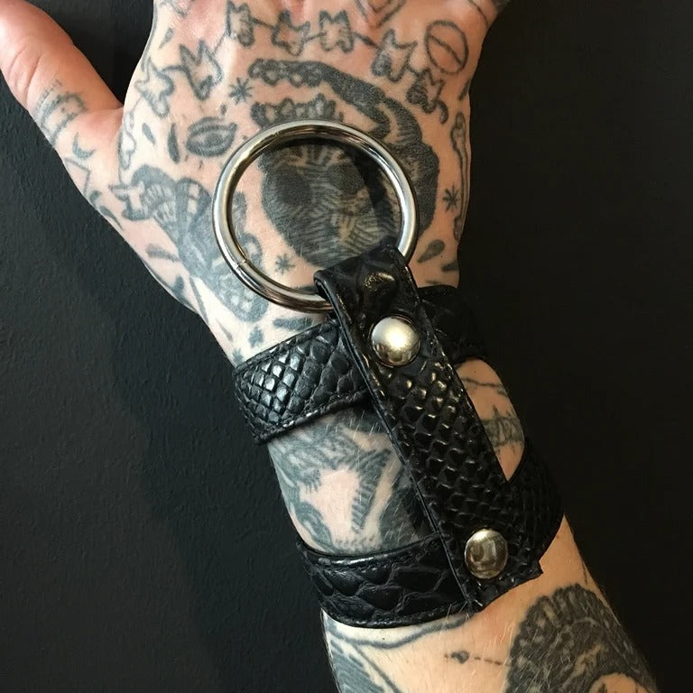 black vegan leather goth cuff cuffs bracelet faux leather vegan snakeskin pvc silver ring 