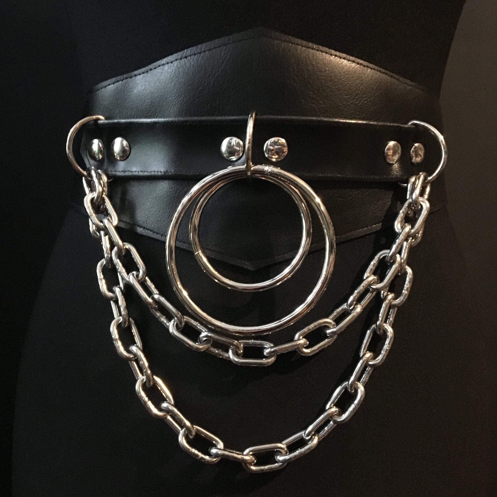 black vegan leather waist cincher gothic belt goth corset chains and rings black and silver harness 