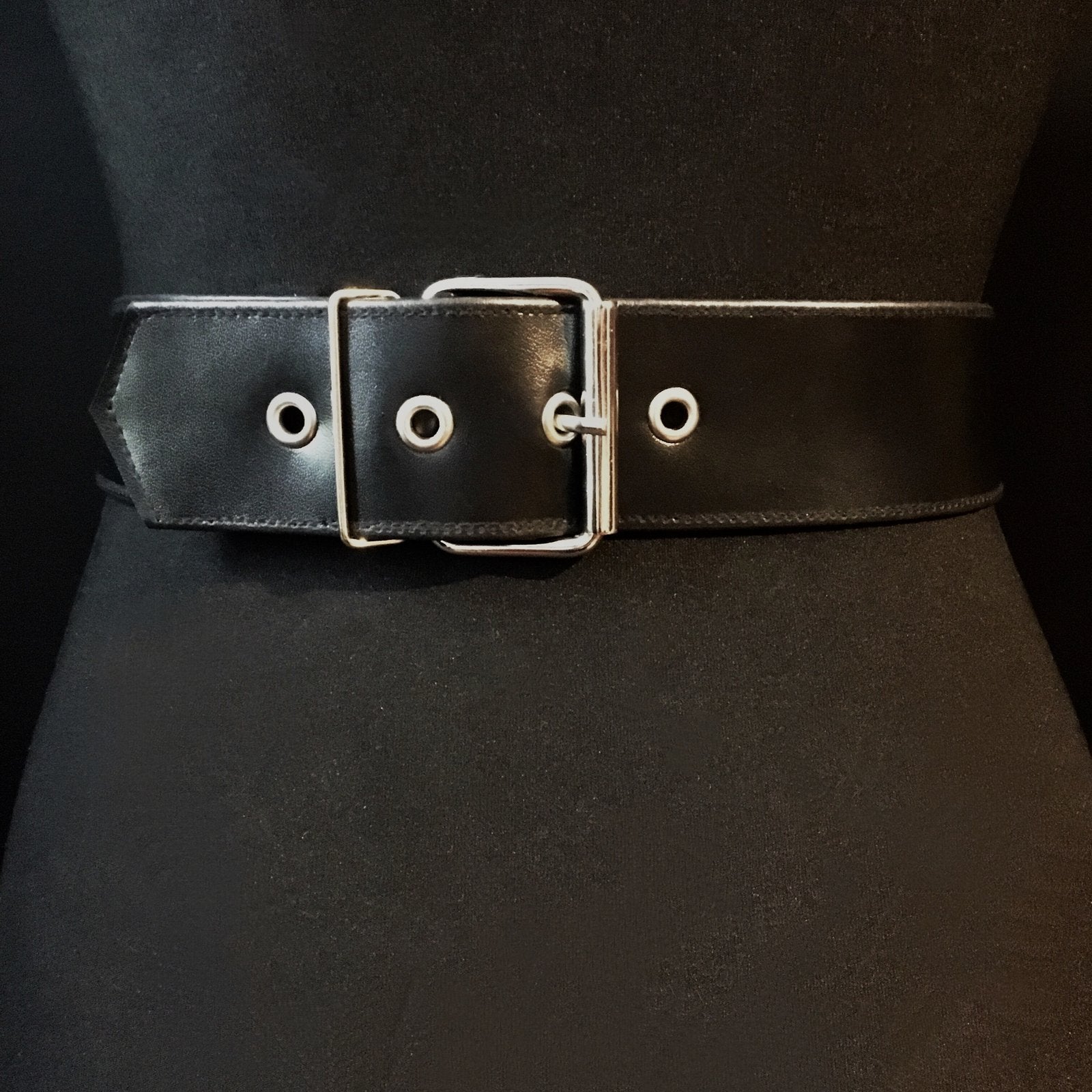 black vegan leather waist cincher gothic belt goth corset chains and rings black and silver harness 
