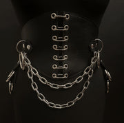 black vegan leather waist cincher gothic belt goth corset chains and rings black and silver harness 