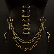 black vegan leather waist cincher gothic belt goth corset chains and rings black and gold harness 
