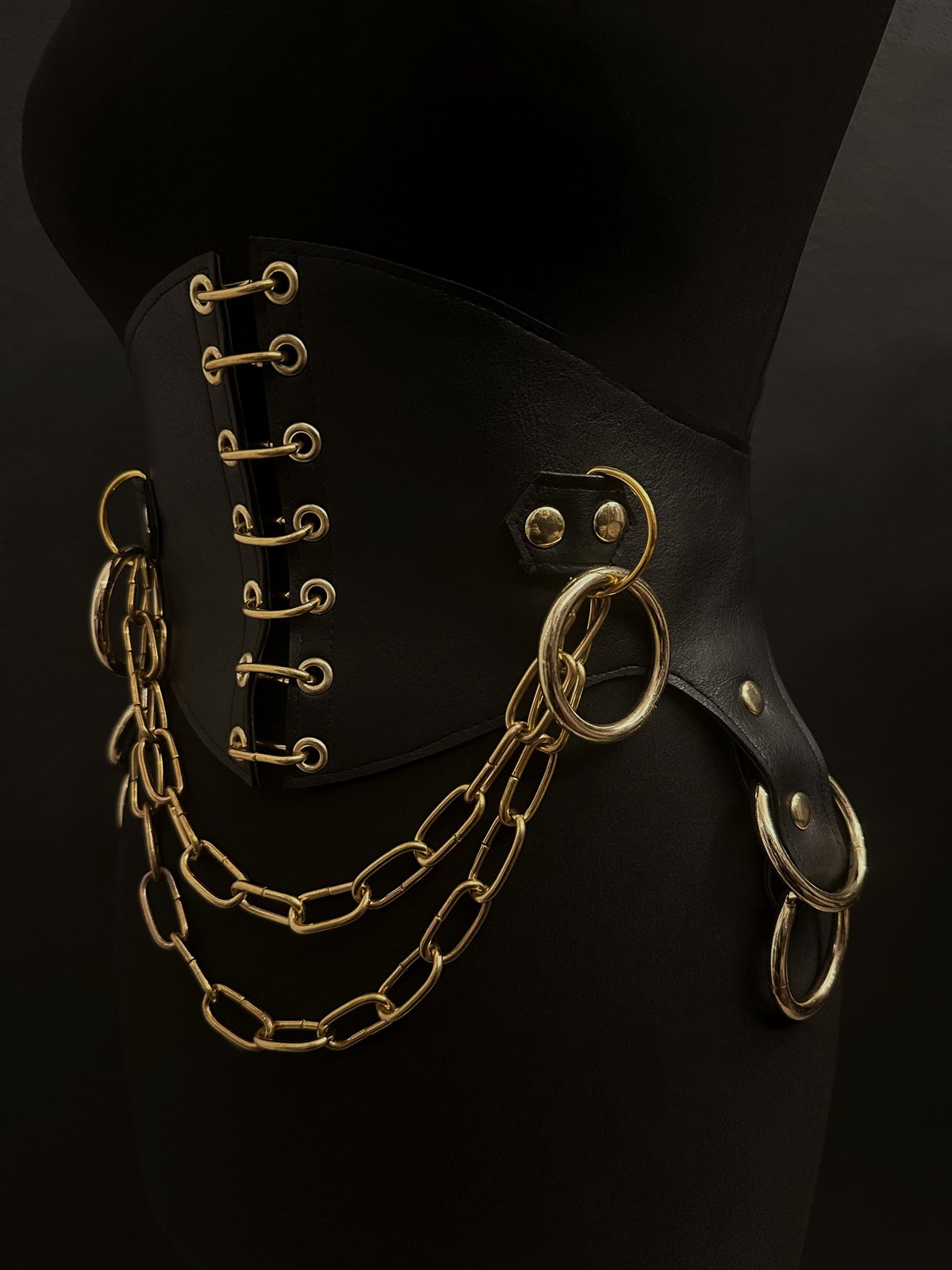 black vegan leather waist cincher gothic belt goth corset chains and rings black and gold harness 