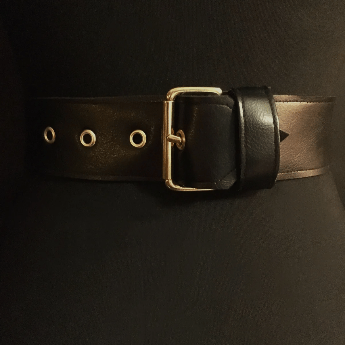 black vegan leather waist cincher gothic belt goth corset chains and rings black and gold harness 