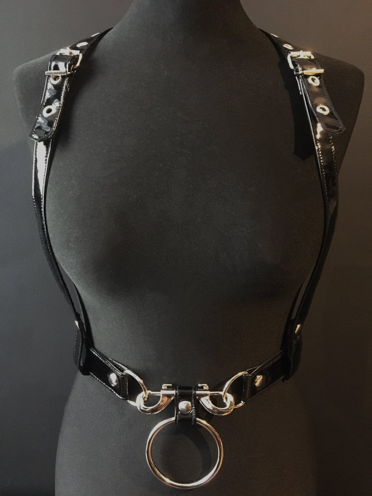 black vegan leather goth harness belt gothic faux leather shiny PVC vinyl black and silver