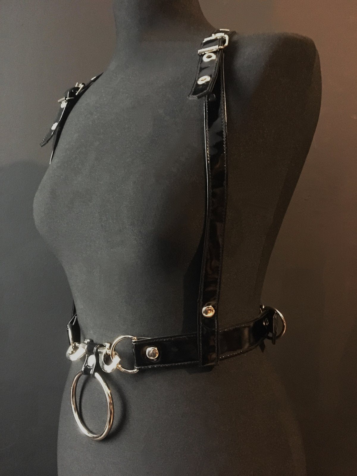 black vegan leather goth harness belt gothic faux leather shiny PVC vinyl black and silver