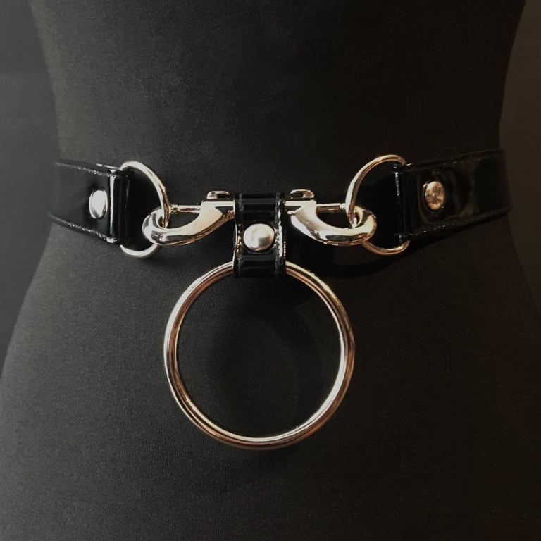 black vegan leather goth harness belt gothic faux leather shiny PVC vinyl black and silver