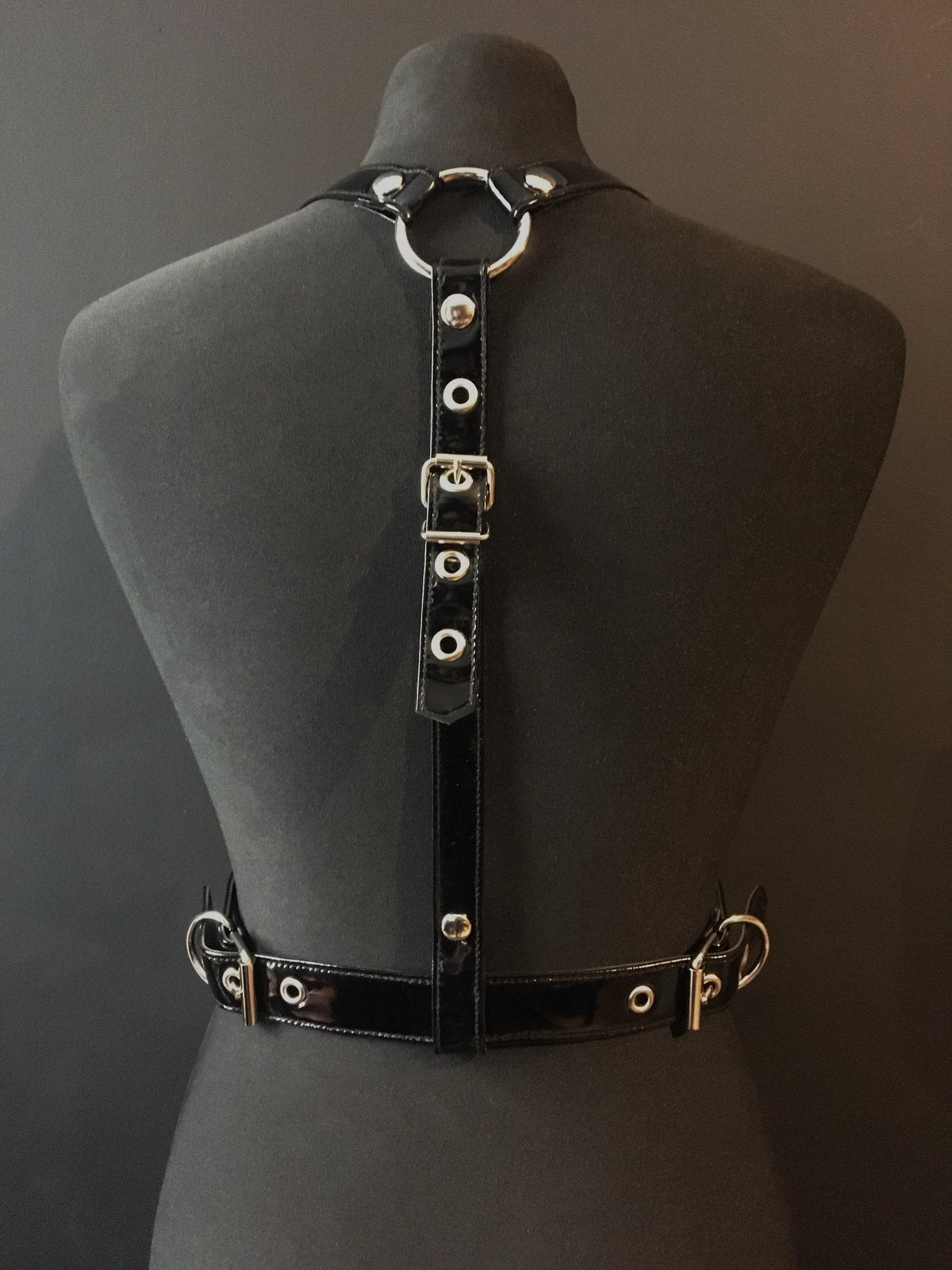 black vegan leather goth harness belt gothic faux leather shiny PVC vinyl black and silver