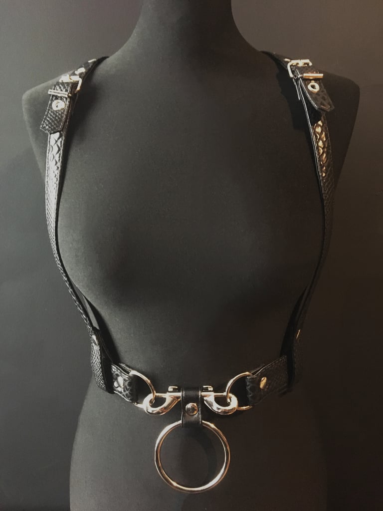 black vegan leather goth harness belt gothic faux leather pvc vegan snakeskin black and silver