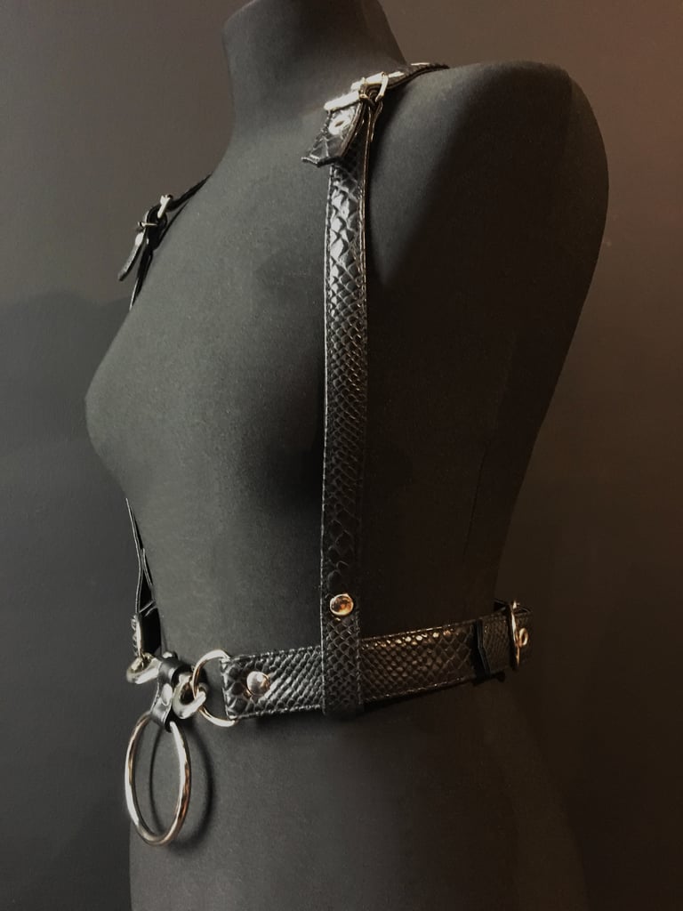 black vegan leather goth harness belt gothic faux leather pvc vegan snakeskin black and silver