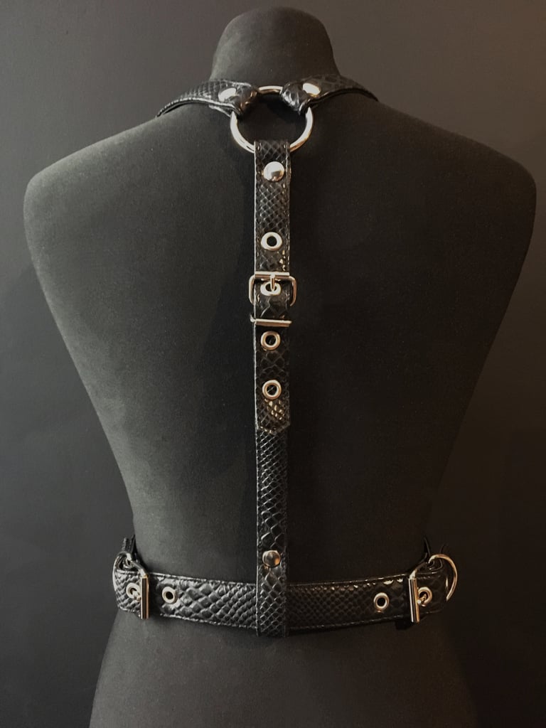 black vegan leather goth harness belt gothic faux leather pvc vegan snakeskin black and silver