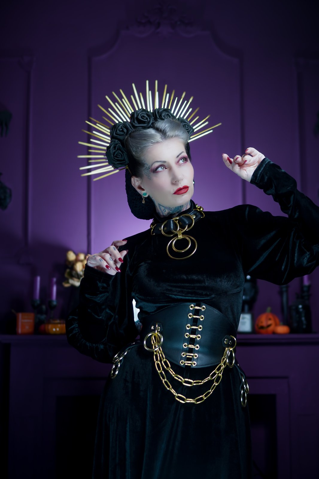 black vegan leather waist cincher gothic belt goth corset chains and rings black and gold harness 
