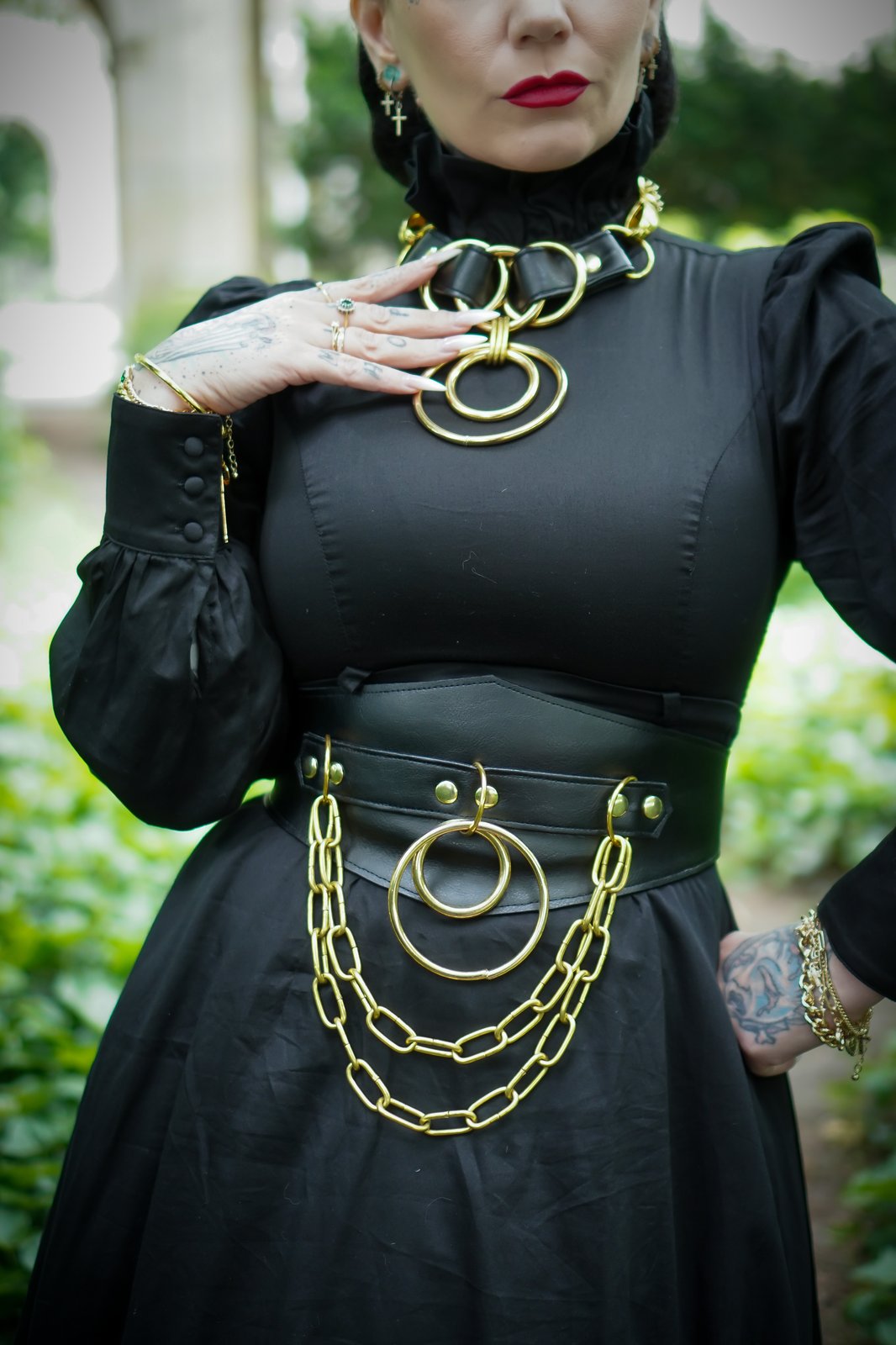 black vegan leather waist cincher gothic belt goth corset chains and rings black and gold harness 