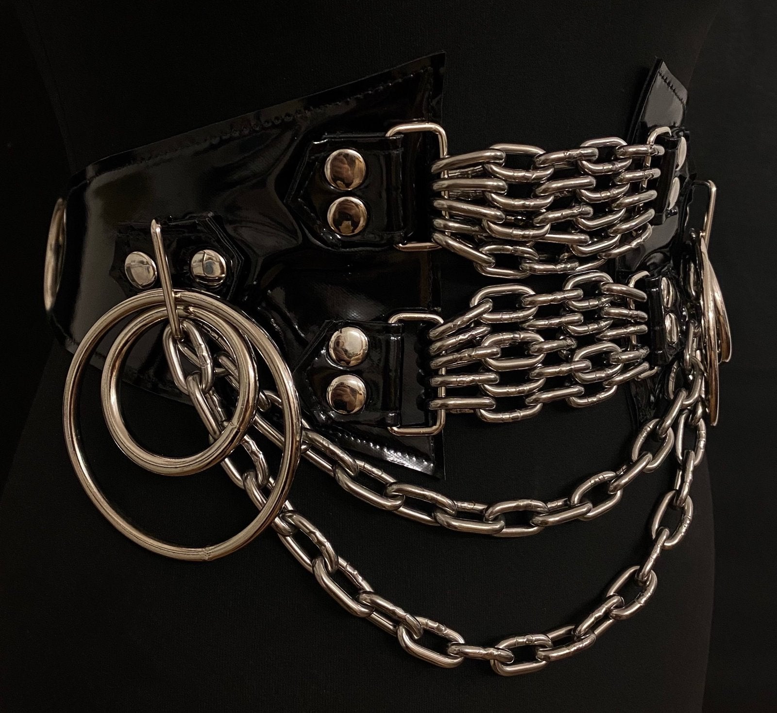 black vegan leather shiny pvc vinyl waist cincher gothic belt goth corset chains and rings black and silver harness 
