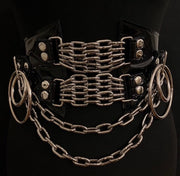 black vegan leather shiny pvc vinyl waist cincher gothic belt goth corset chains and rings black and silver harness 