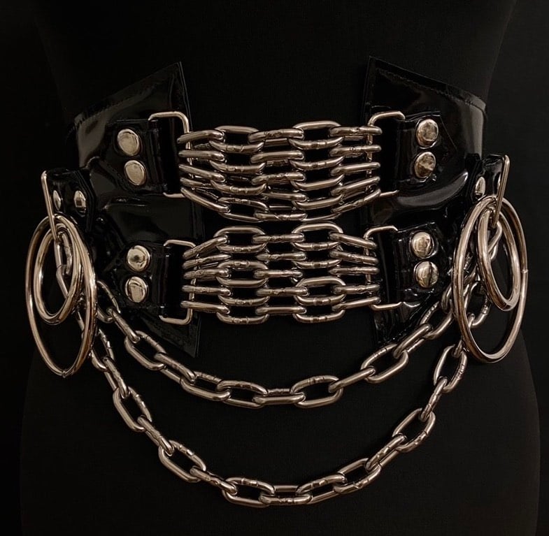 black vegan leather shiny pvc vinyl waist cincher gothic belt goth corset chains and rings black and silver harness 