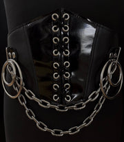 black vegan leather goth belt waist cincher corset gothic faux leather pvc chains rings