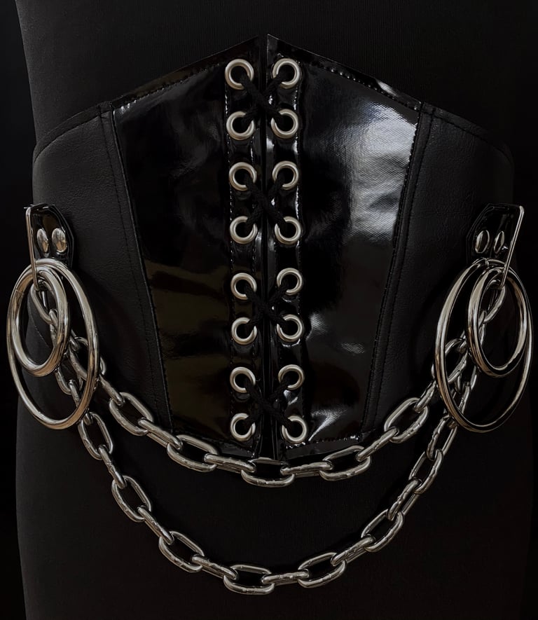 black vegan leather goth belt waist cincher corset gothic faux leather pvc chains rings