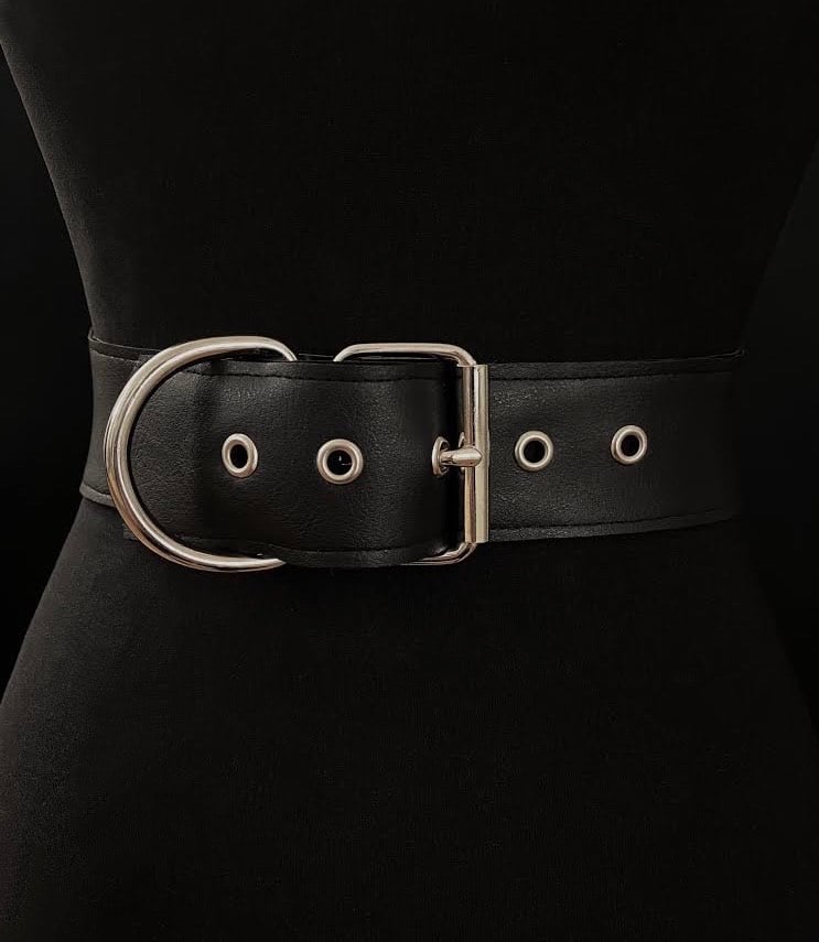 black vegan leather goth belt waist cincher corset gothic faux leather pvc chains rings
