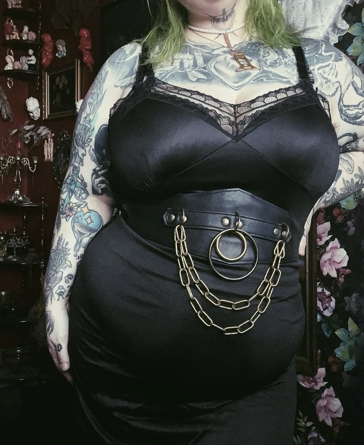 black vegan leather waist cincher gothic belt goth corset chains and rings black and gold harness 