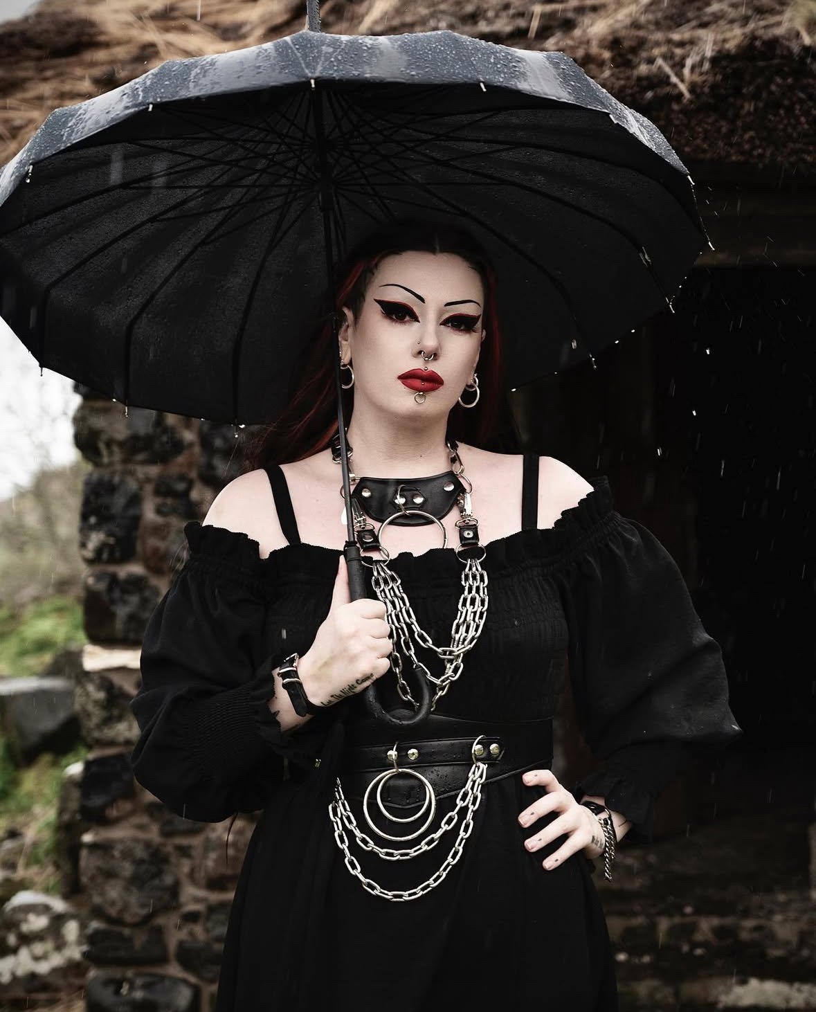 black vegan leather waist cincher gothic belt goth corset chains and rings black and silver harness 