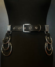 black vegan leather waist cincher gothic belt goth corset o-rings black and silver harness 