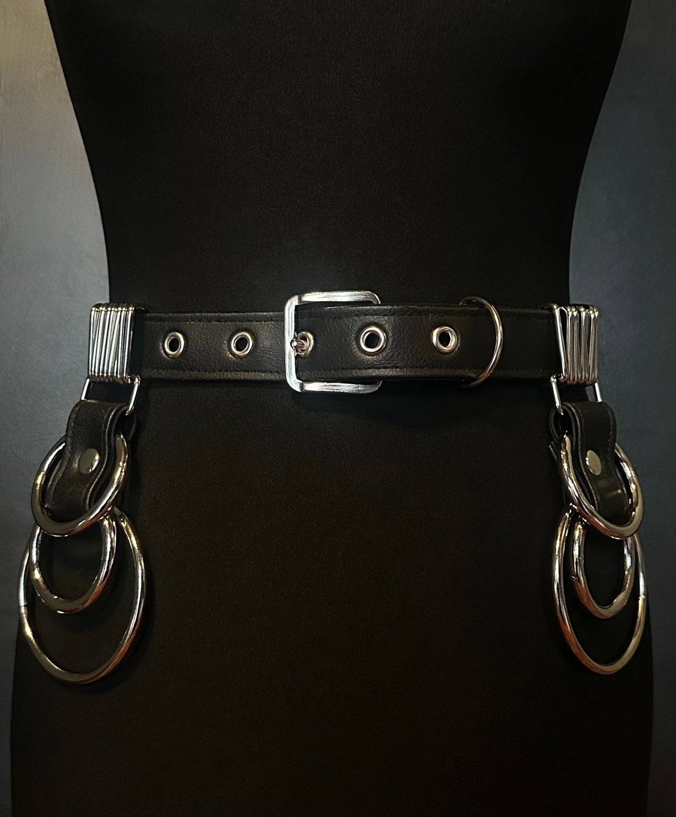 black vegan leather waist cincher gothic belt goth corset o-rings black and silver harness 