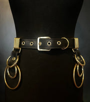 black vegan leather waist cincher gothic belt goth corset o-rings black and gold harness 