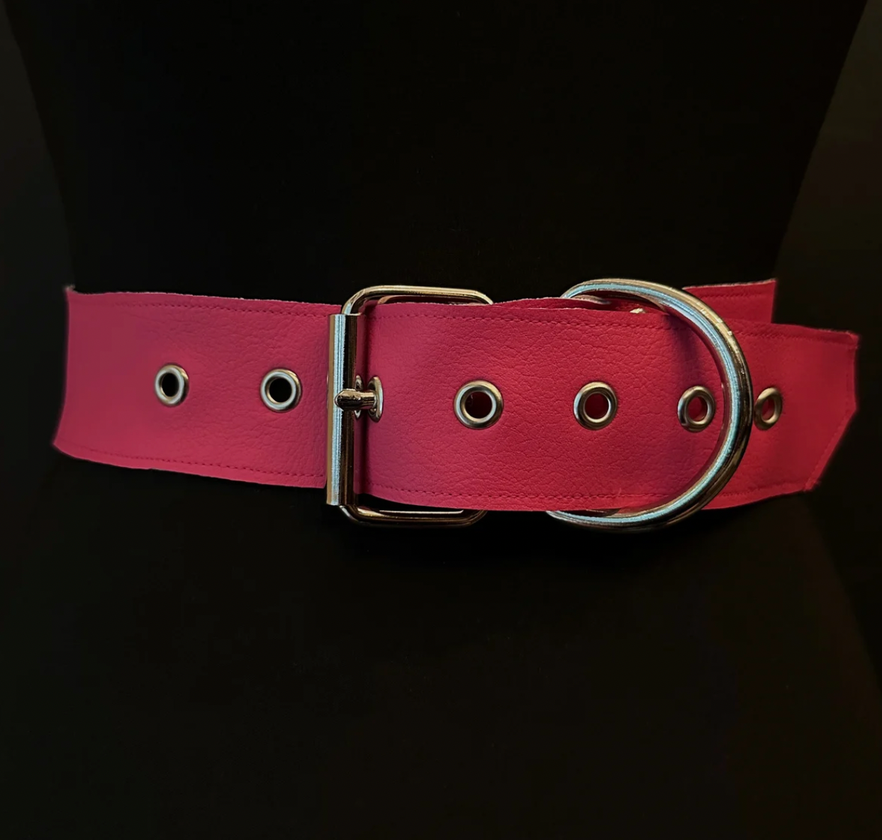 pink vegan leather waist cincher gothic belt goth corset chains and rings hot pink and silver harness barbie pink 