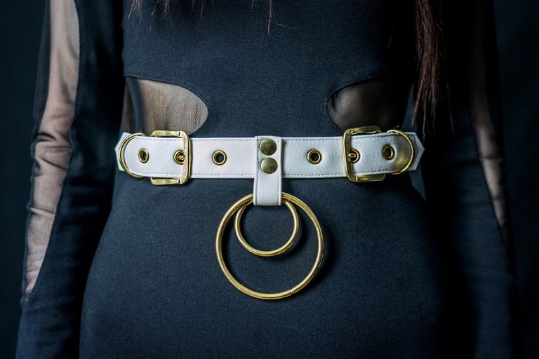 gothic waist belt goth vegan leather faux leather goth harness o rings white and gold
