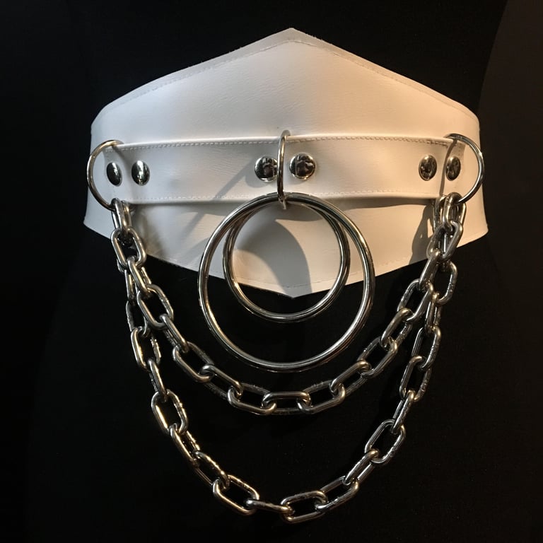 white vegan leather waist cincher gothic belt goth corset chains and rings white and silver harness 