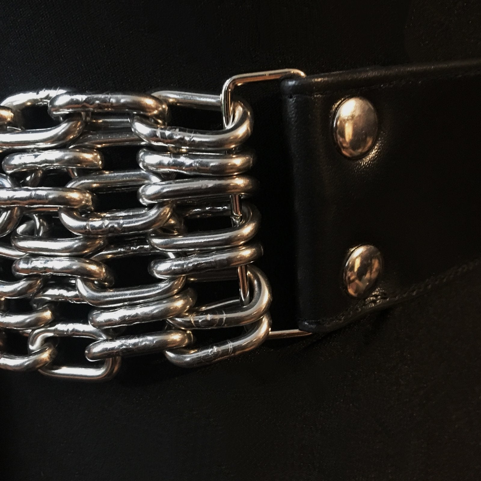 black vegan leather waist cincher gothic belt goth corset chains and rings black and silver harness 
