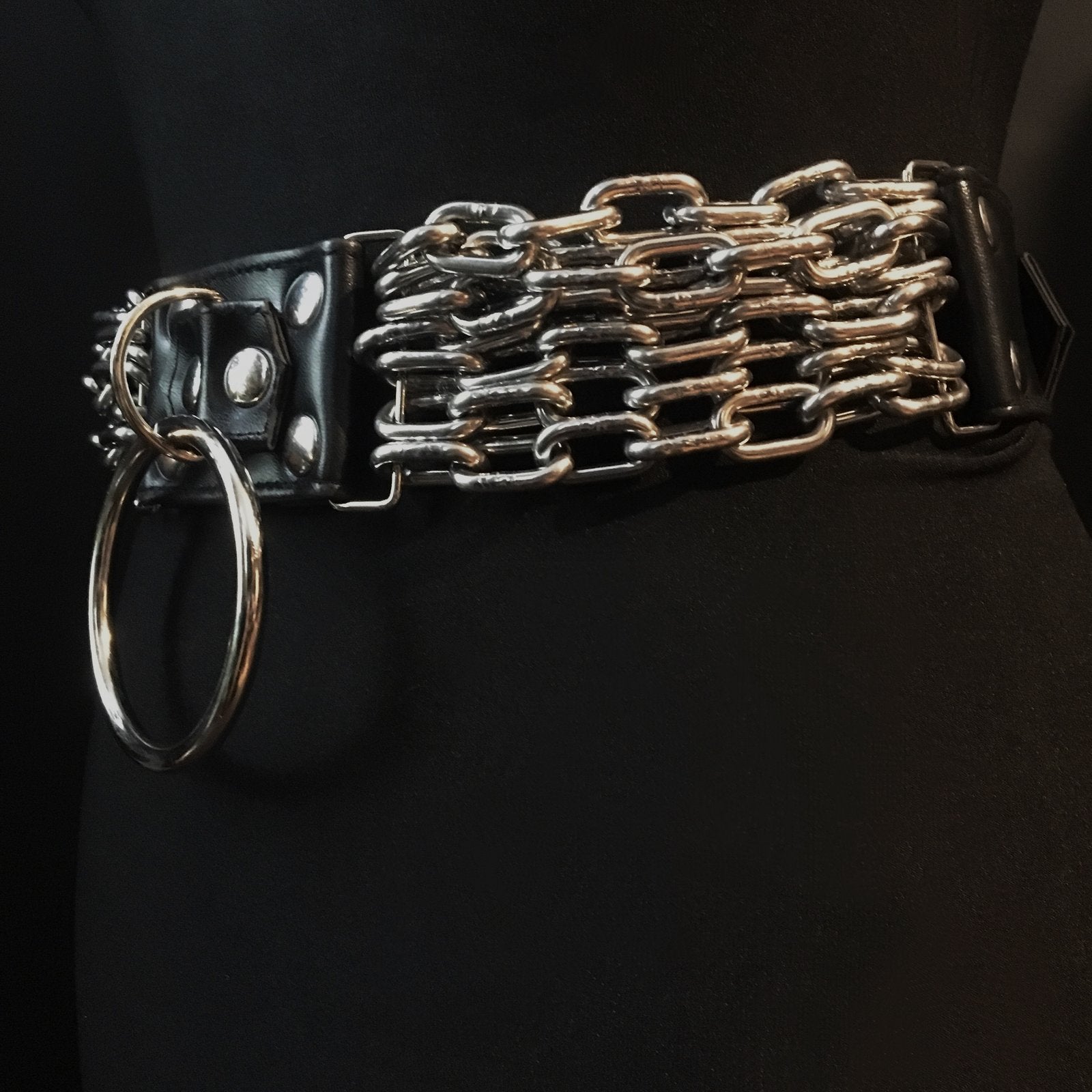 black vegan leather waist cincher gothic belt goth corset chains and rings black and silver harness 