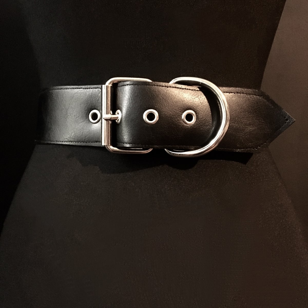 black vegan leather waist cincher gothic belt goth corset chains and rings black and silver harness 