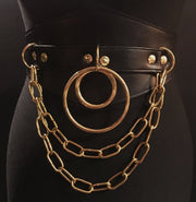 black vegan leather waist cincher gothic belt goth corset chains and rings black and gold harness 
