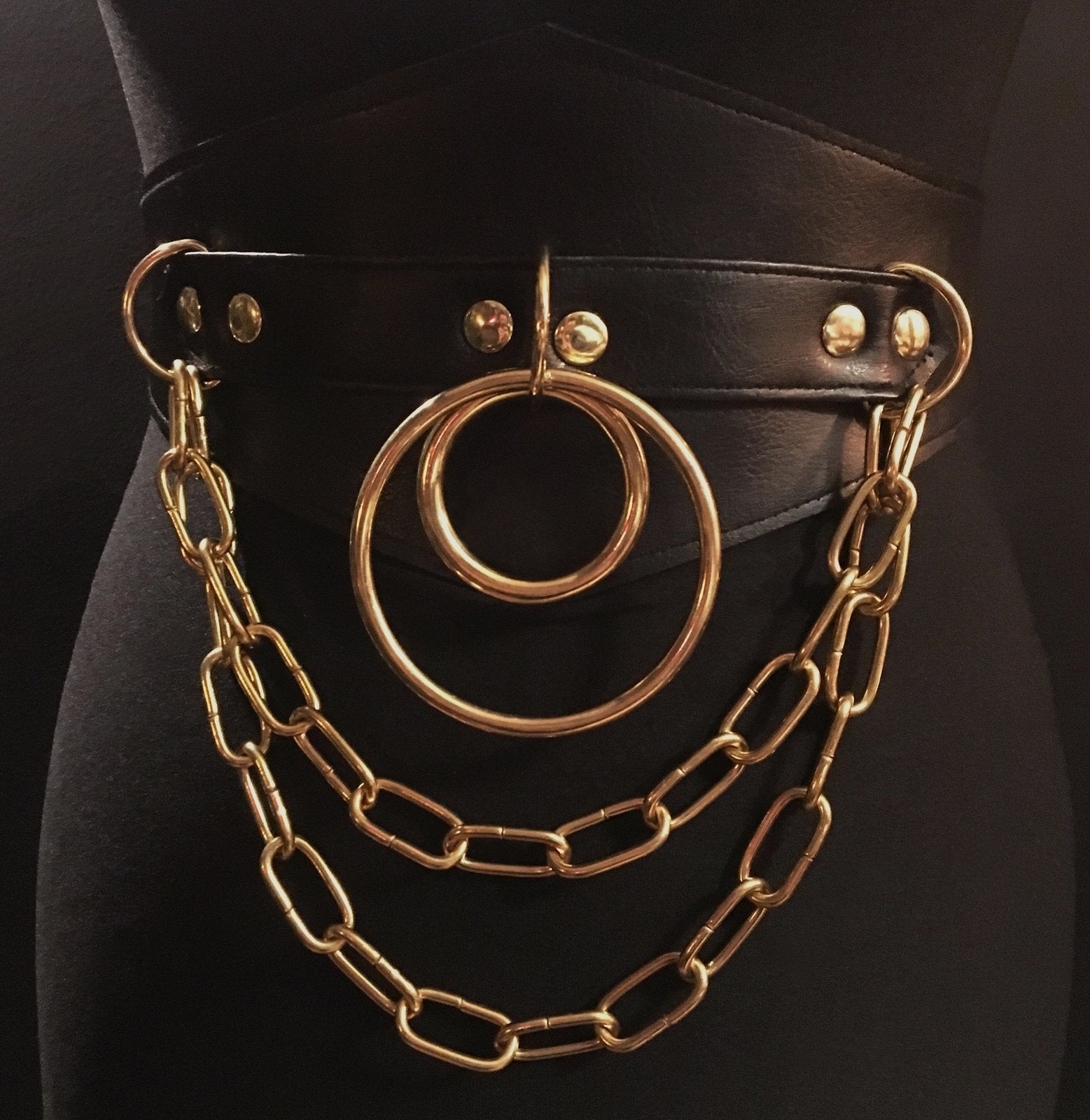 black vegan leather waist cincher gothic belt goth corset chains and rings black and gold harness 