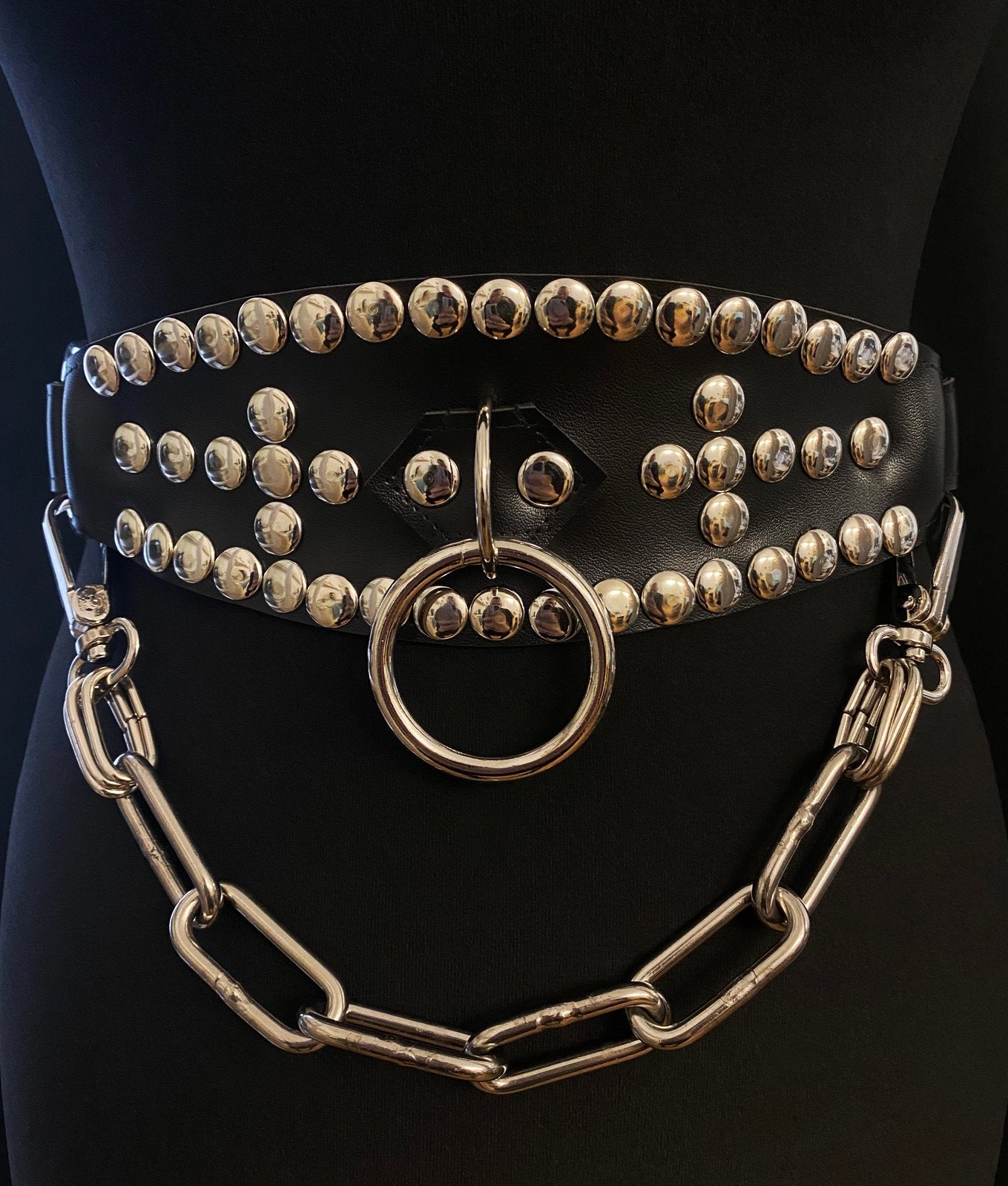 black vegan leather waist cincher gothic belt goth corset chains and rings black and silver harness studded crucifix 