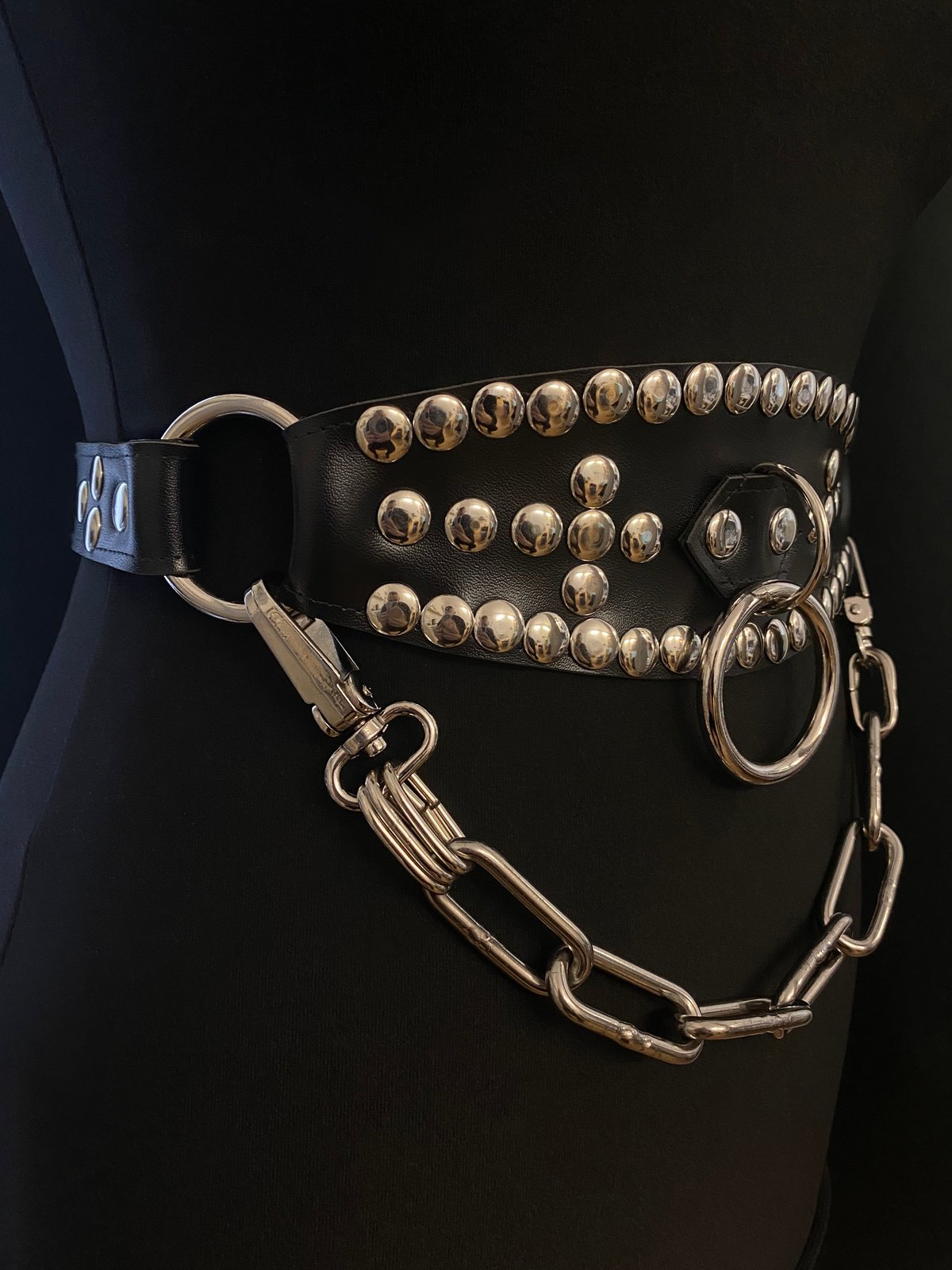 black vegan leather waist cincher gothic belt goth corset chains and rings black and silver harness studded crucifix 
