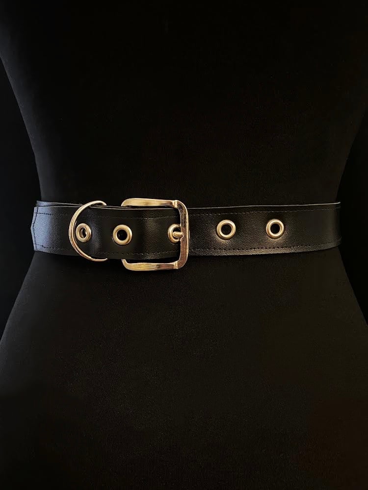 black vegan leather waist cincher gothic belt goth corset chains and rings black and silver harness studded crucifix 