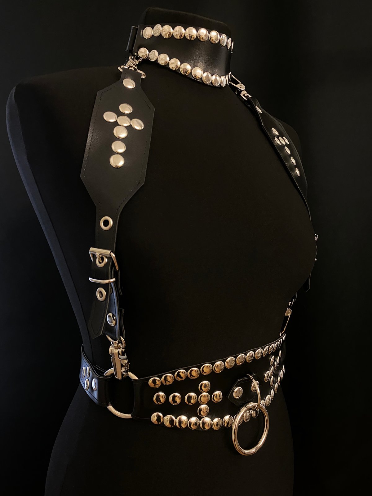 black vegan leather goth harness belt gothic faux leather pvc studded collar cross 