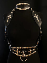 black vegan leather goth harness belt gothic faux leather pvc studded collar cross 