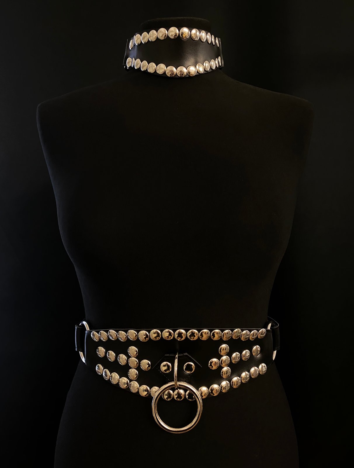 black vegan leather goth harness belt gothic faux leather pvc studded collar cross 