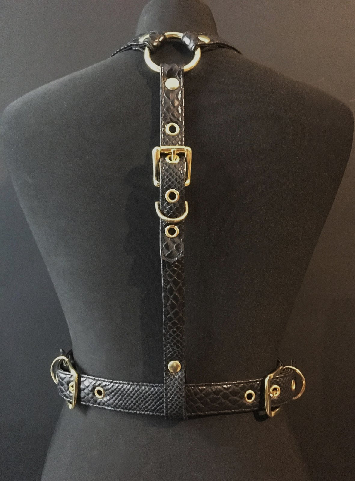 black vegan leather goth harness belt gothic faux leather pvc vegan snakeskin black and gold 