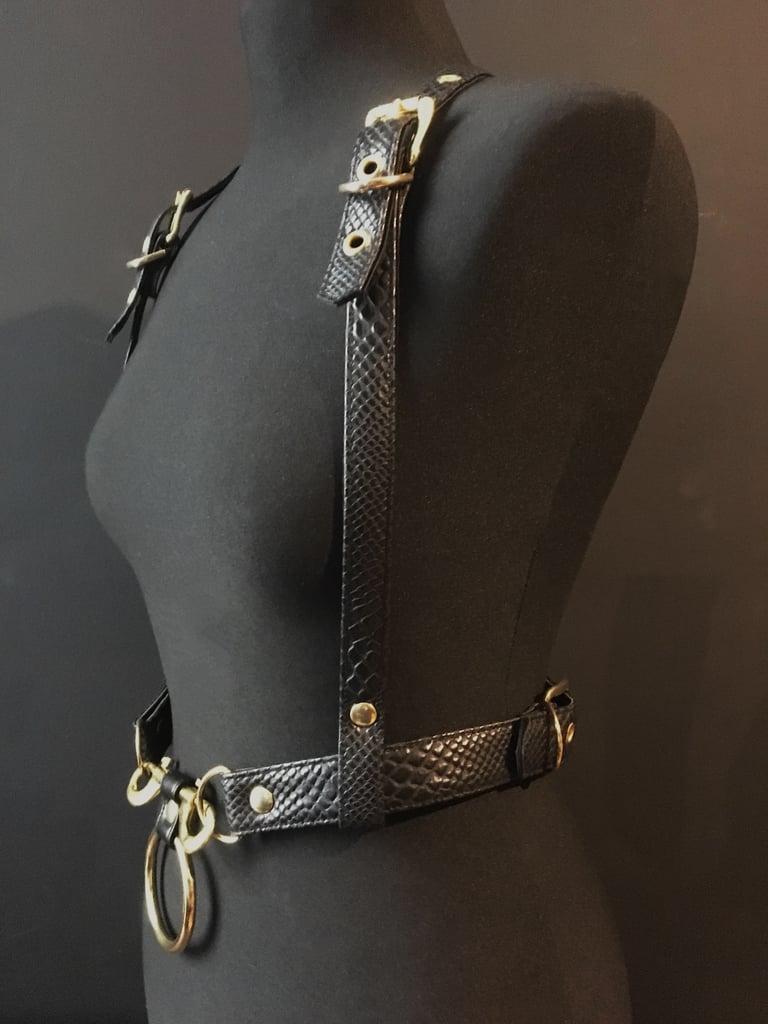 black vegan leather goth harness belt gothic faux leather pvc vegan snakeskin black and gold 