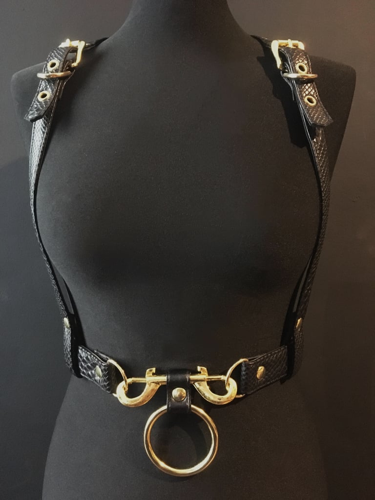 black vegan leather goth harness belt gothic faux leather pvc vegan snakeskin black and gold 