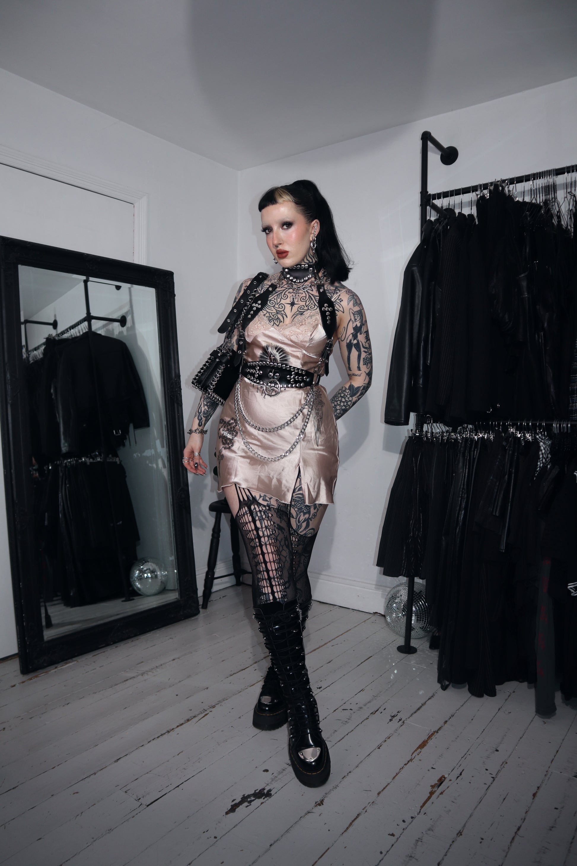 black vegan leather goth harness belt gothic faux leather pvc studded collar cross 