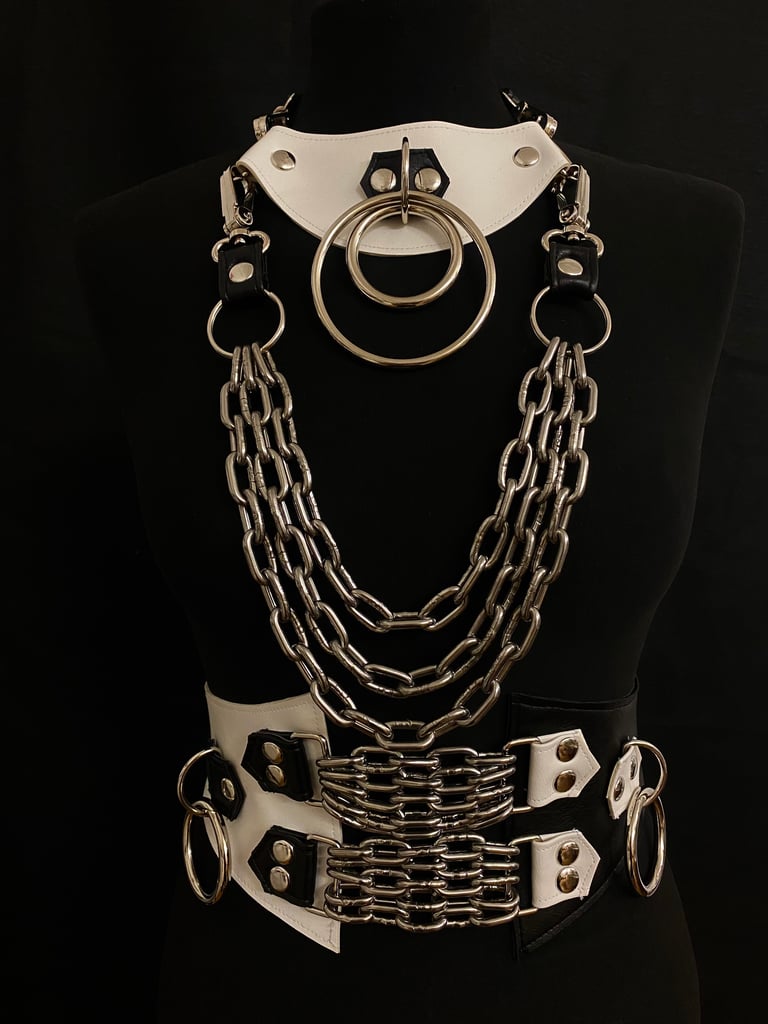 black and white vegan leather goth necklace collar choker chains monochrome gothic faux leather pvc 
