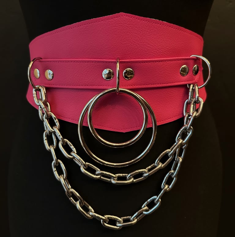 pink vegan leather waist cincher gothic belt goth corset chains and rings hot pink and silver harness barbie pink 