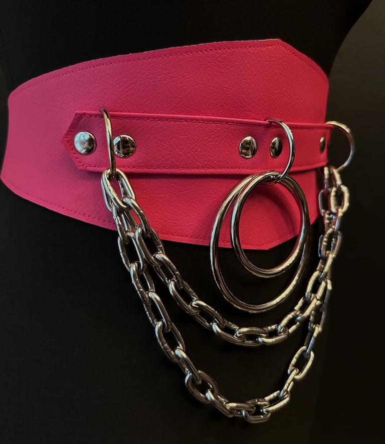 pink vegan leather waist cincher gothic belt goth corset chains and rings hot pink and silver harness barbie pink 