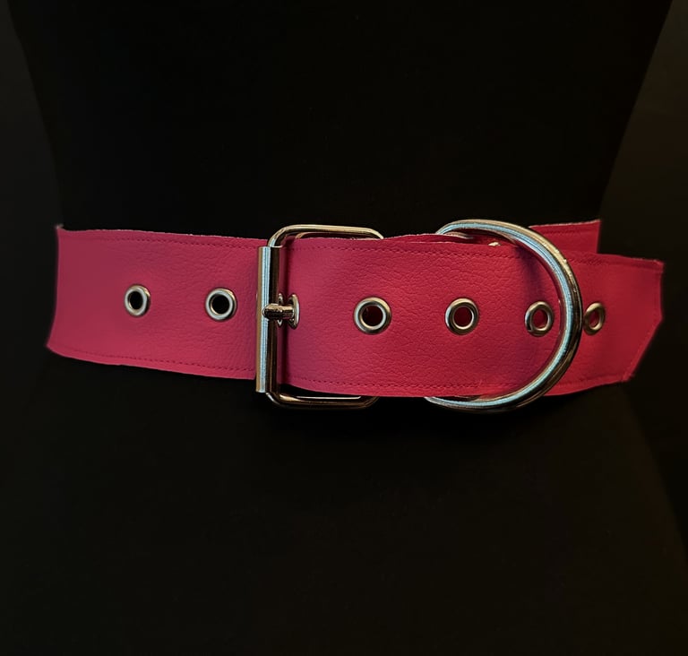 pink vegan leather waist cincher gothic belt goth corset chains and rings hot pink and silver harness barbie pink 